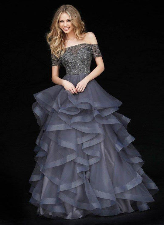 Sherri Hill - 51271 Beaded Off-Shoulder Long Ruffled Tulle Ballgown In Gray