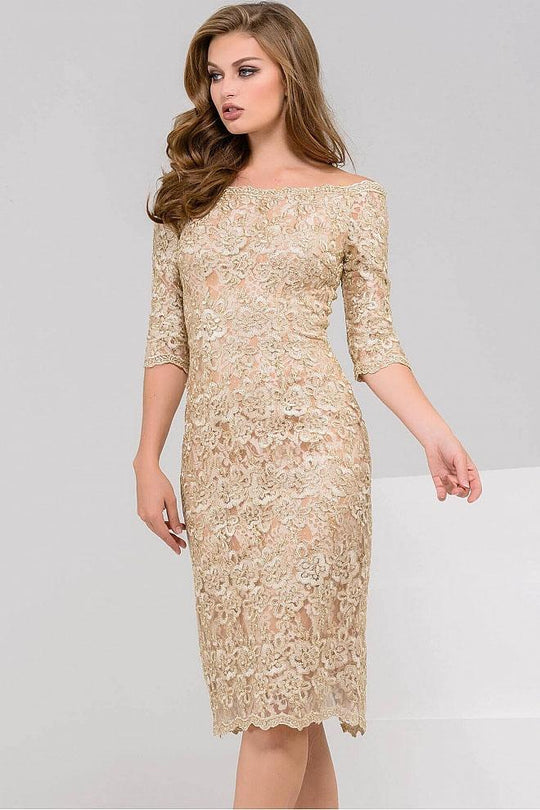51278 Gold Lace Off Shoulder Knee Length Dress