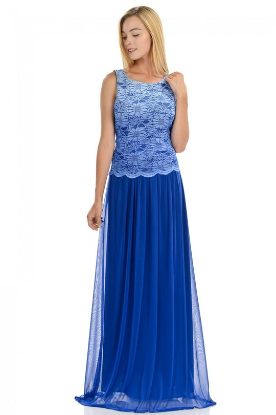 Lenovia - 5142 Lace Scoop Chiffon A-line Dress With Mini Train In Blue