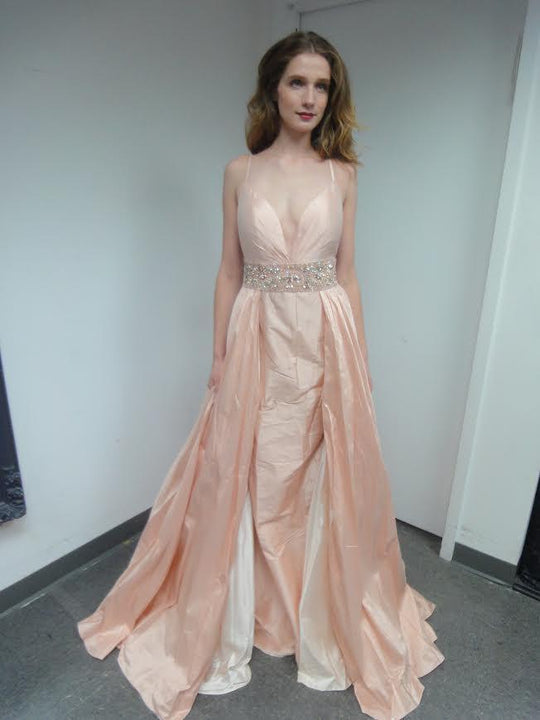 51436 Silky Sleeveless Beaded Gown with Overskirt