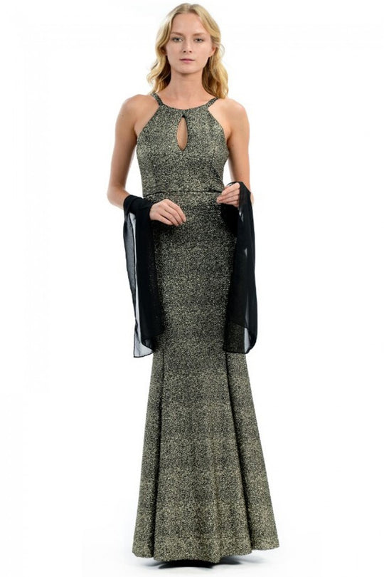 Lenovia - 5143.. Soft Scuba Trumpet Dress With Satin Sash In Black and Gold
