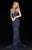 Sherri Hill - 51475 Beaded Deep V-neck Fitted Dress With Train In Blue