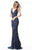 Sherri Hill - 51475 Beaded Deep V-neck Fitted Dress With Train In Blue