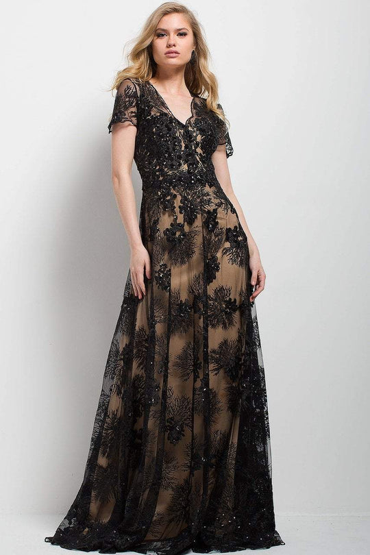 51477 Shortsleeve Lace Overlay Evening Gown