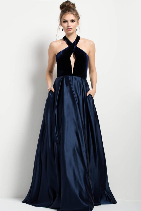 Jovani Plunging Cutout Cross-Halter Ballgown in Blue