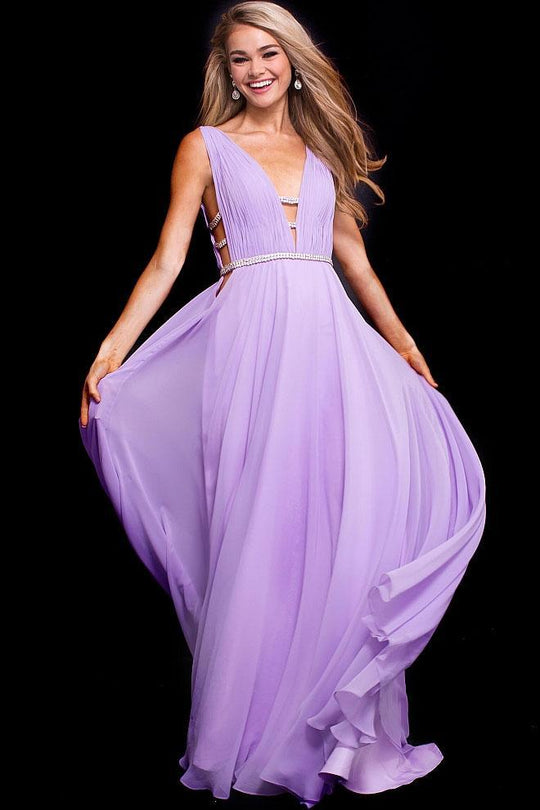 51515 Ruched Deep V-neck A-line Dress