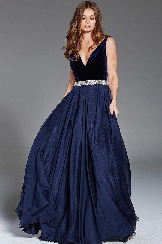 51523 Velvet Deep V-neck Embellished A-line Dress