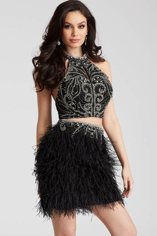51527 Beaded Two Piece Halter Feathered Cocktail Dress