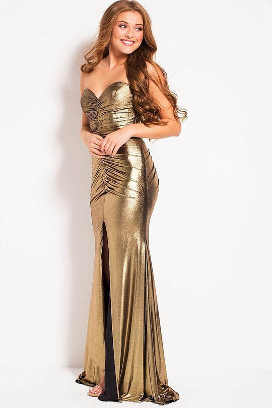 51552 Strapless Gold Metallic Ruched Fitted Dress