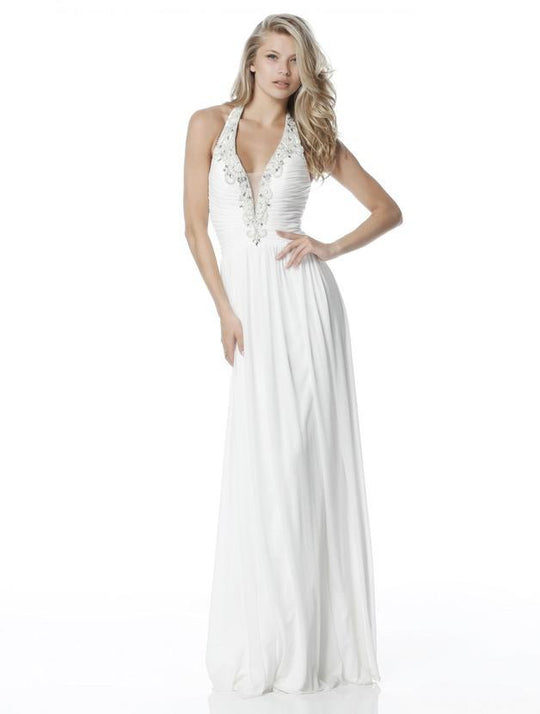 Sherri Hill - 51552 Embellished Deep Halter V-neck Sheath Dress In White
