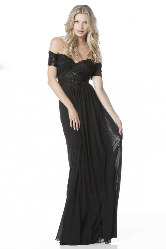 Sherri Hill - 51556 Beaded Lace Off-Shoulder A-Line Dress In Black