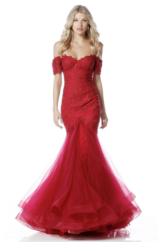 Sherri Hill - 51565 Off The Shoulder Beaded Mermaid Dress In Red