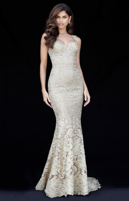 Sherri Hill - 51571 Metallic Lace Fitted Mermaid Dress In Gold