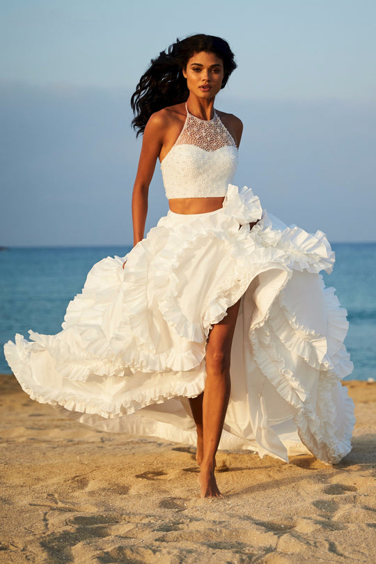 Sherri Hill - 51577 Beaded Two Piece Ruffled Ballgown In White