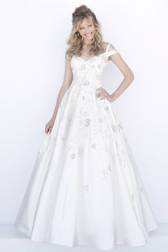 Sherri Hill - 51580 Floral Applique Off-Shoulder Ballgown In White and Silver