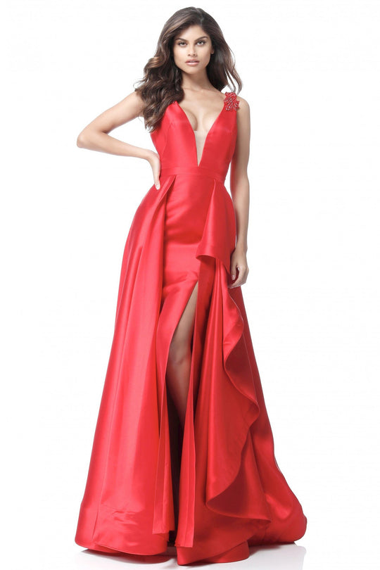 Sherri Hill - 51627 Deep V-neck Mikado A-line Gown In Red