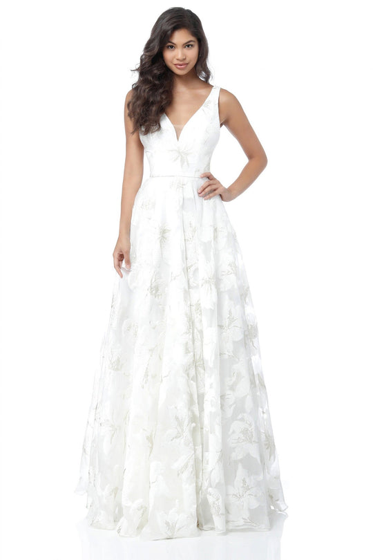 Sherri Hill - 51628 Floral Print Deep V-neck A-line Gown In White