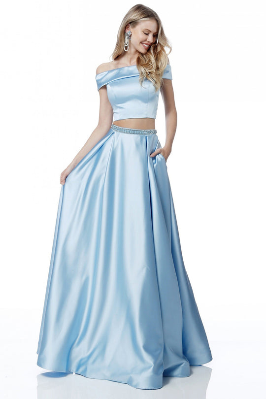 Sherri Hill - 51632 Two Piece Off-Shoulder Satin A-Line Dress In Blue