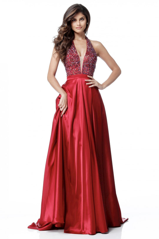 Sherri Hill - 51636 Plunging V-Neck Notched A Line Dress In Red