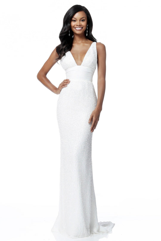 Sherri Hill - 51641 Beaded Fitted Long Sheath Dress In White