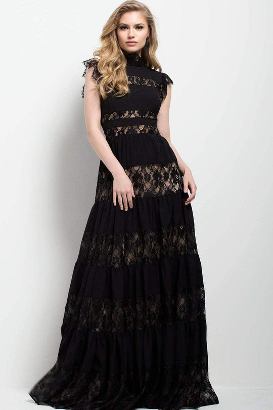 51647 High Neck Lace Tiered Evening Dress