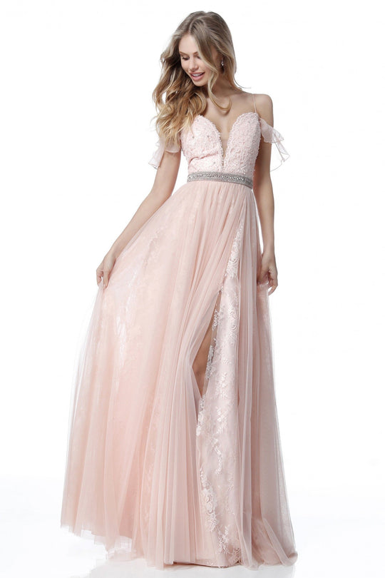 Sherri Hill - 51656 Plunging Off-Shoulder A Line Beaded Dress In Pink