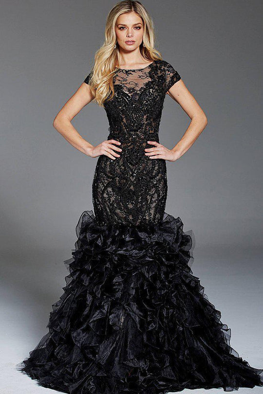 51660 Beaded Lace Ruffled Mermaid Dress