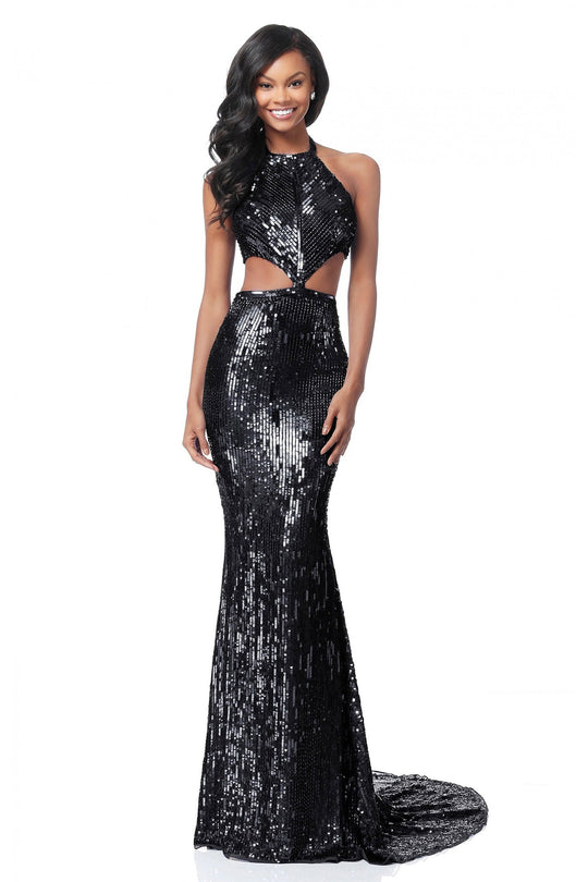 Sherri Hill - 51663 Long Sequined Halter Trumpet Dress In Black