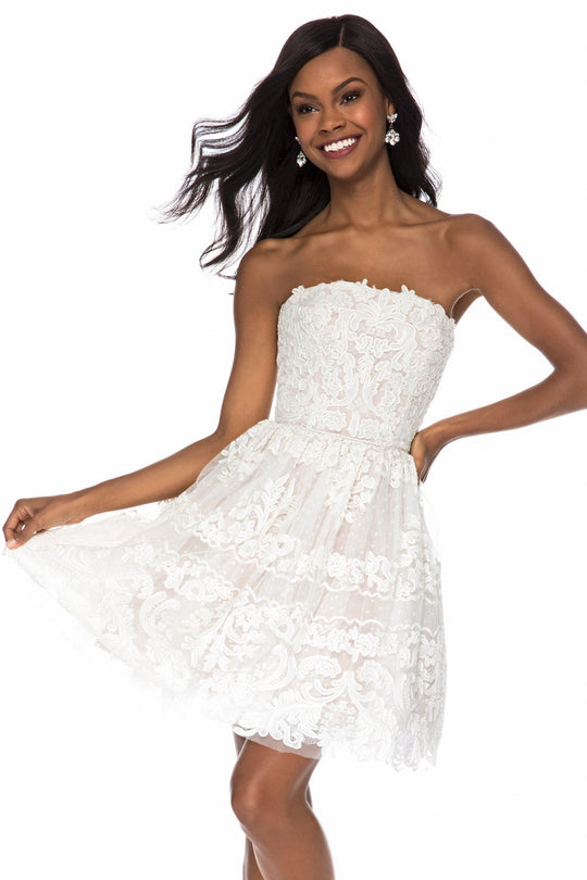 Sherri Hill - 51668 Strapless Short Lace A-line Cocktail Dress In White