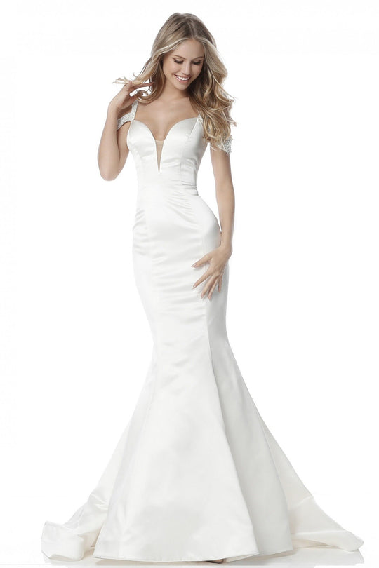 Sherri Hill - 51669 Beaded Deep V-Neck Satin Mermaid Dress In White