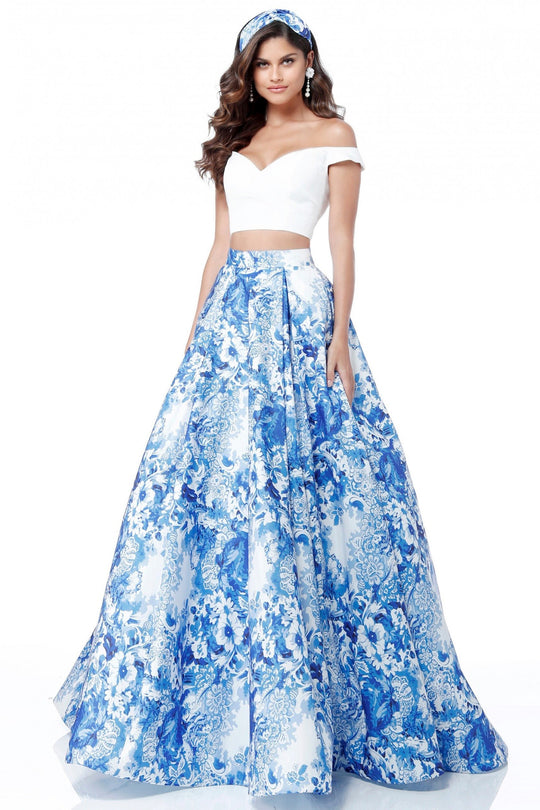 Sherri Hill - 51680 Two Piece Off-Shoulder Printed Ballgown In White and Blue