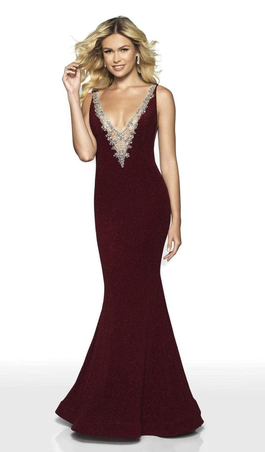 Intrigue by Blush - 516 Deep V-neck Glitter Jersey Mermaid Dress In Red