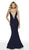 Intrigue by Blush - 516 Deep V-neck Glitter Jersey Mermaid Dress In Blue