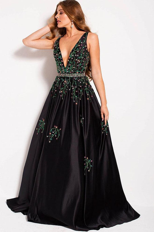 51700 Embellished V Neck Sleeveless Satin Prom Gown
