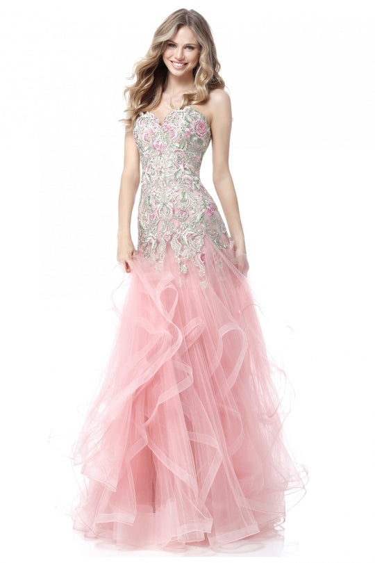 Sherri Hill - 51719 Embroidered Sweetheart Ruffled Tulle Trumpet Dress In Pink and Multi-Color