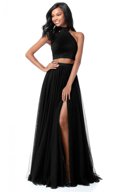 Sherri Hill - 51721 Two Piece Beaded High Halter A Line Dress In Black
