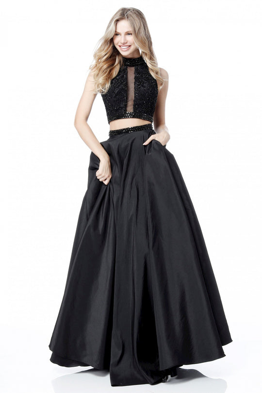 Sherri Hill - 51725 Two Piece Beaded Lace High Halter A-Line Dress In Black