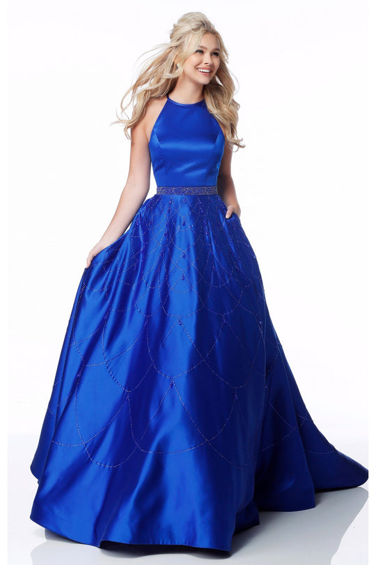 Sherri Hill - 51731 Beaded Halter Satin Ballgown In Blue