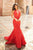 Sherri Hill - 51764 Halter Deep V Neck Satin Mermaid Gown In Red