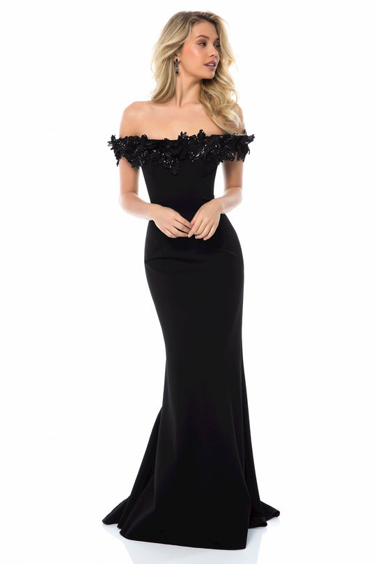 Sherri Hill - 51774 Floral Lace Off-Shoulder Jersey Dress In Black