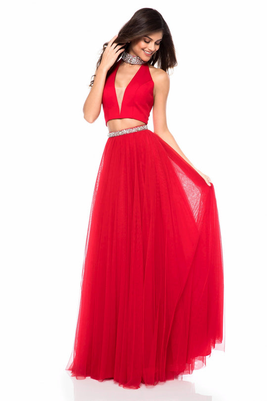 Sherri Hill - 51780 Beaded Choker Plunging Cutout Tulle Dress In Red