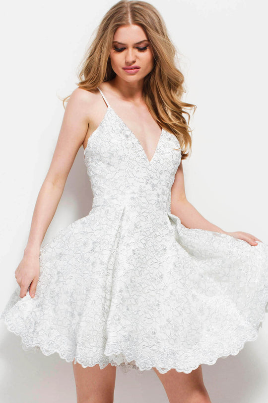 Jovani Sleeveless V-Neck A-Line Cocktail Dress 51788 - 1 pc Off White/Silver In Size 4 Available In White and Silver