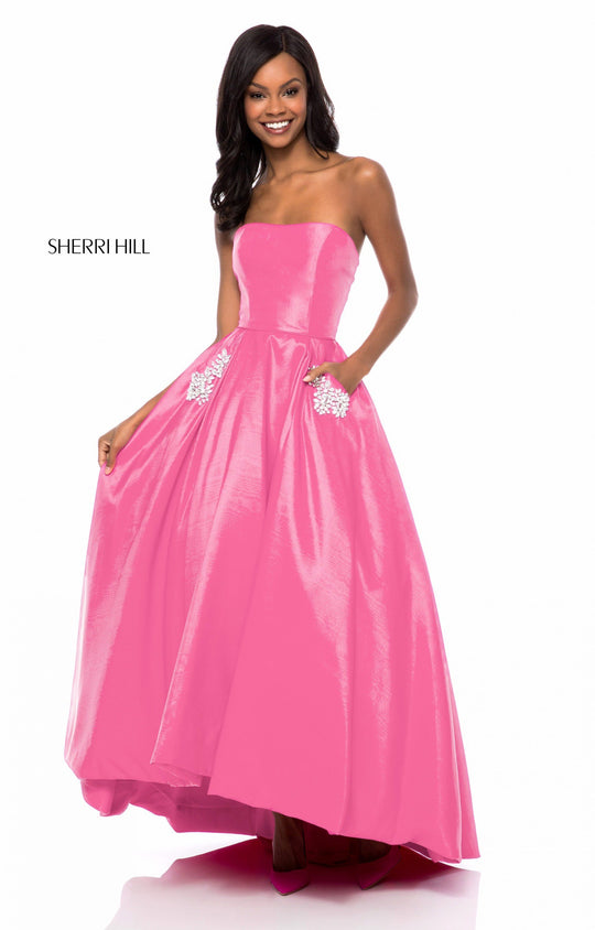 Sherri Hill - 51789 Strapless High-Low A-Line Gown with Beaded Pockets In Pink