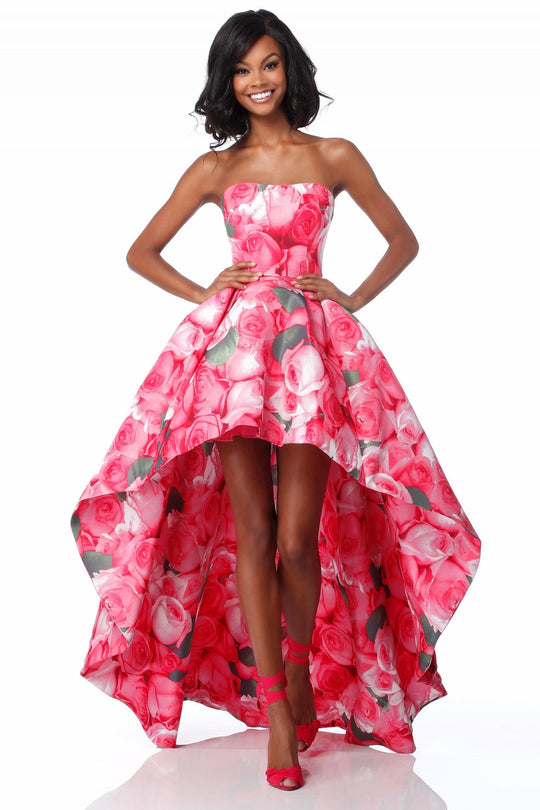 Sherri Hill - 51791 Strapless Floral Print High Low A-Line Dress In Pink and Print