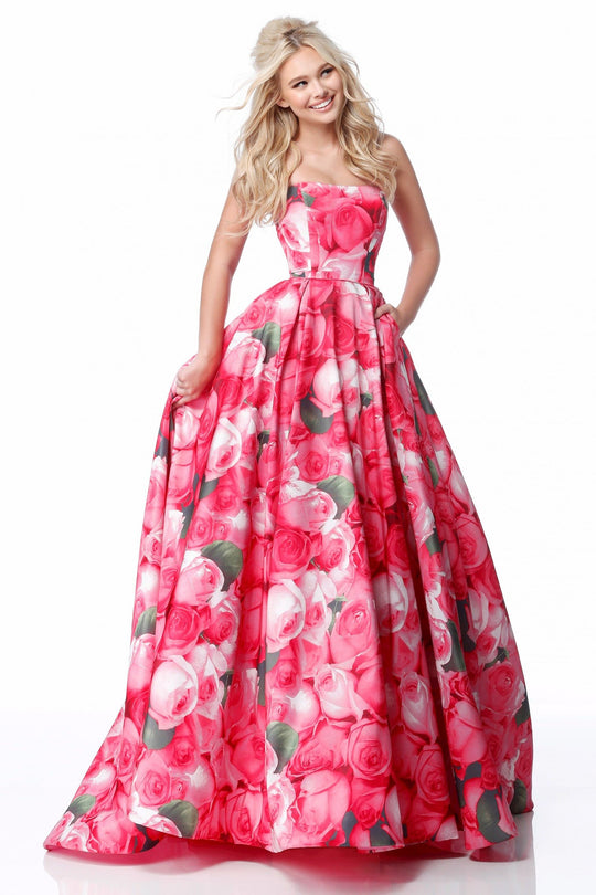 Sherri Hill - 51792 Strapless Floral Print Taffeta Ballgown In Pink and Print