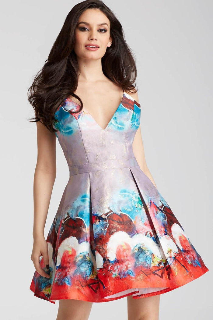 51793 Sleeveless V Neck Multi-Colored Cocktail Dress