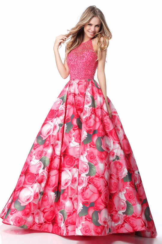 Sherri Hill - 51794 Beaded Halter Floral Print Ballgown In Pink and Print