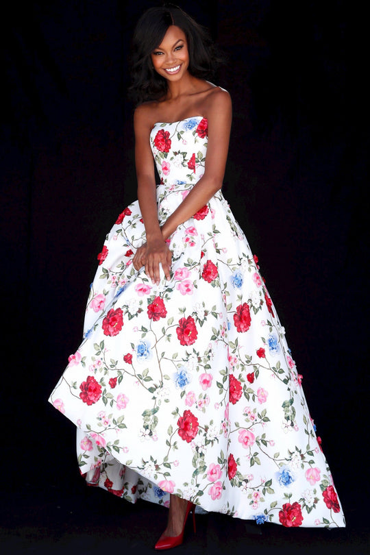 Sherri Hill - 51795 Strapless Semi-Sweetheart Floral Print Ballgown In White and Print