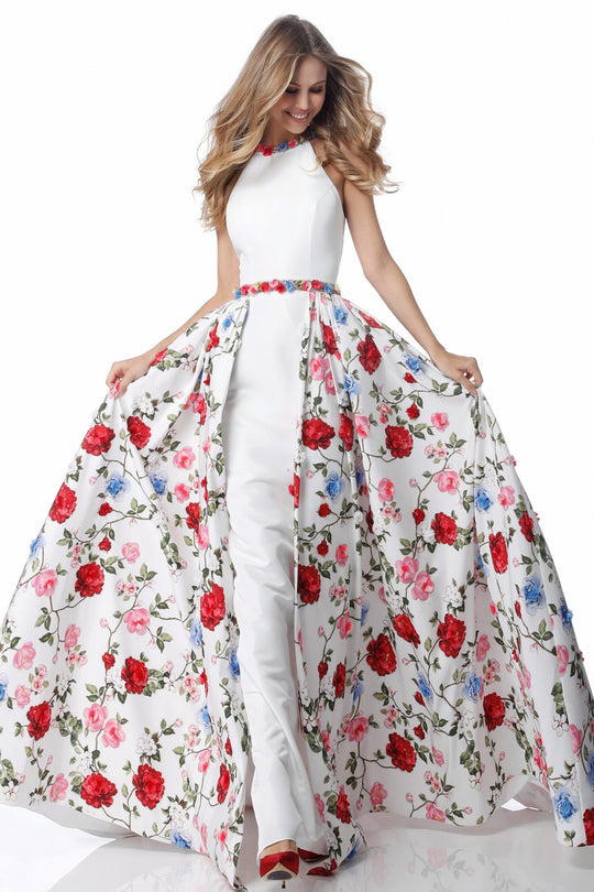 Sherri Hill - 51796 Halter Fitted Dress With Floral Print Overskirt In White and Print