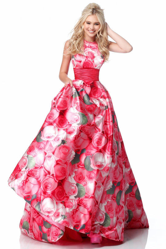 Sherri Hill - 51800 Taffeta Halter Floral Print Ballgown In Pink and Print